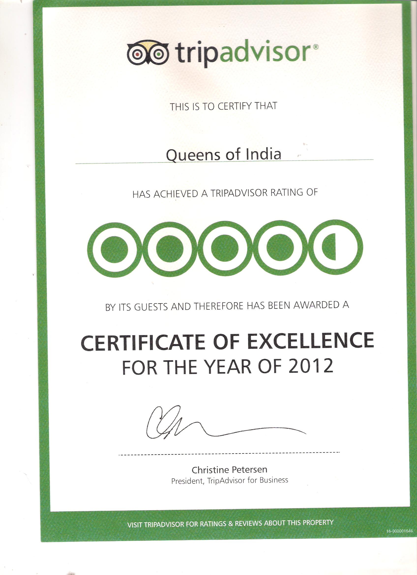Certificate Of Excellence Queens of India from Tripadvisor 2012